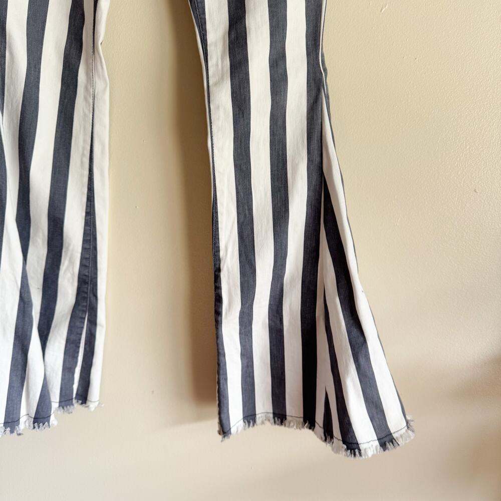 Saints & Hearts Blue + White Stripe Bell Bottom Flare Frayed Hem Jeans - Large - Picture 3 of 10